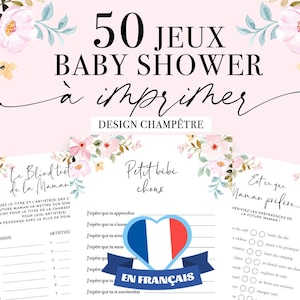 Animation Baby Shower à imprimer - 50 Jeux Baby Shower en français - Fête Prénatale - Prédiction Bébé FR - Cadeau naissance - Design fleurs