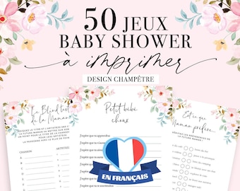 50 Jeux Baby Shower à imprimer - Activités Baby Shower en français à télécharger - Pack de jeux Fête Prénatale - Jeux Bébé Design Champêtre