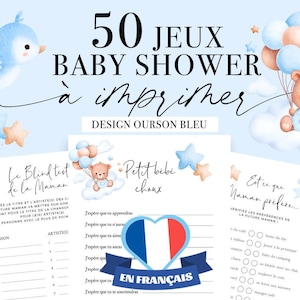 Jeux Baby Shower à imprimer - 50 Jeux Fête Prénatale - Pack Activités Baby Shower en français - Prédiction Bébé Français - Ourson Bleu