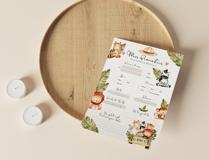 Cartes de pronostics pour la naissance de bébé à imprimer Carte de prédictions bébé pour Baby Shower ou Gender Reveal Design Animaux Jungle image 4