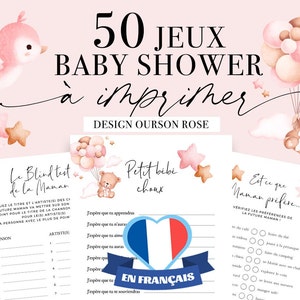 Jeux Baby Shower à imprimer - 50 Jeux Fête Prénatale - Pack Activités Baby Shower en français - Prédiction Bébé Français - Ourson Rose
