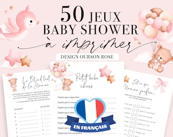 Jeux Baby Shower à imprimer en français Design Ourson Rose 50 Animations et activités pour baby shower ou fête Prénatale