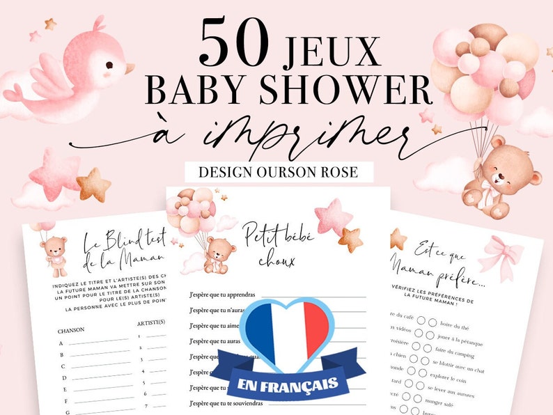 Jeux Baby Shower à imprimer en français Design Ourson Rose 50 Animations et activités pour baby shower ou fête Prénatale 画像 1