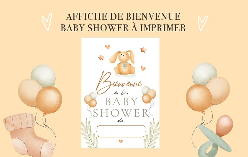 Affiche Bienvenue décoration Baby Shower à imprimer Format A4 A3 ou A2 poster Design Peluche Petit Lapin image 1