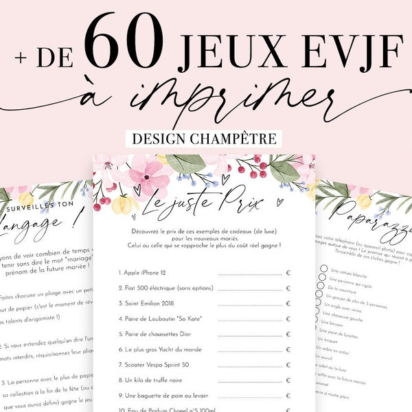 Jeux EVJF à imprimer - Pack de 60 Jeux Enterrement de vie de jeune fille en français - jeu evjf - jeux mariage - animations evjf - champêtre