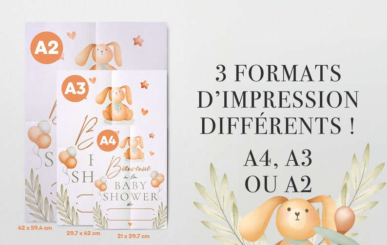 Affiche Bienvenue décoration Baby Shower à imprimer Format A4 A3 ou A2 poster Design Peluche Petit Lapin image 2
