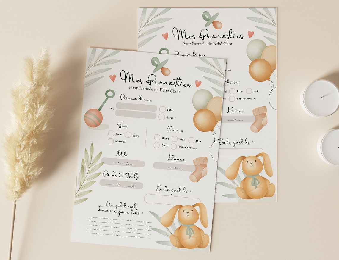 Carte jeu de pronostic bébé à imprimer pour naissance, baby shower et