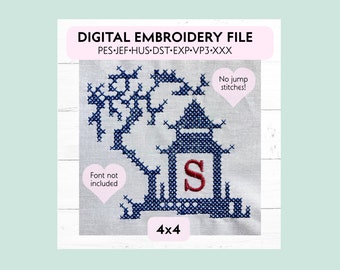 Cross Stitch Chinoiserie Monogram Pagoda 1 archivo de diseño de bordado de máquina de estilo vintage