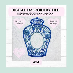 Ginger Jar Chinoiserie floral monogram frame vintage style machine embroidery design file