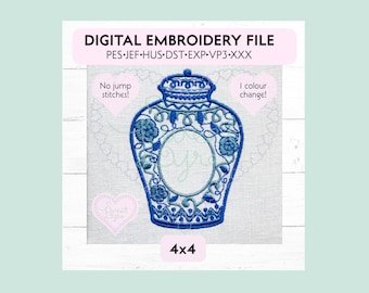 Archivo de diseño de bordado a máquina de estilo vintage con marco de monograma floral chinoiserie de tarro de jengibre