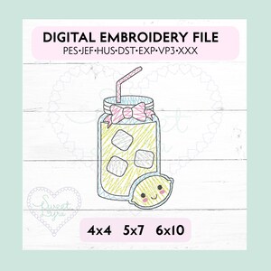 May include: Digital embroidery file of a mason jar with a straw, ice cubes, and a lemon slice with a cute face. The jar has a pink bow and the lemon slice has a yellow, green, and pink color scheme. The text "DIGITAL EMBROIDERY FILE" and "PES-JEF-HUS-DST-EXP-VP3-XXX" is at the top of the image. The text "4x4 5x7 6x10" is at the bottom of the image.