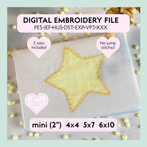 May include: A digital embroidery file of a yellow star with a gold outline. The file is available in five sizes: 2 inches, 4x4 inches, 5x7 inches, and 6x10 inches. The file is also available in multiple formats, including PES, JEF, HUS, DST, EXP, and VP3. The file is designed for use with embroidery machines. The text "No jump stitches!" is included in the image.