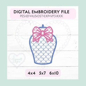 Ginger Jar with bow Chinoiserie vintage style fill pattern machine embroidery design file