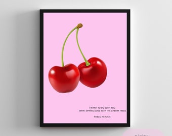 Cherries Print, Trendy Wall Art, Poster print, Pink Wall art, Printable Digital Art, Cherry Poster, Pink Poster