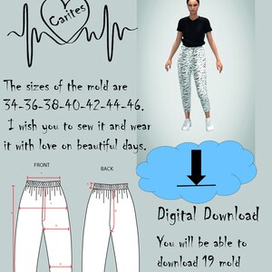 May include: A digital sewing pattern for trousers, featuring a heart graphic and the text "Carites". The pattern includes 19 pieces in A4 size and is available for sizes 34-36-38-40-42-44-46.