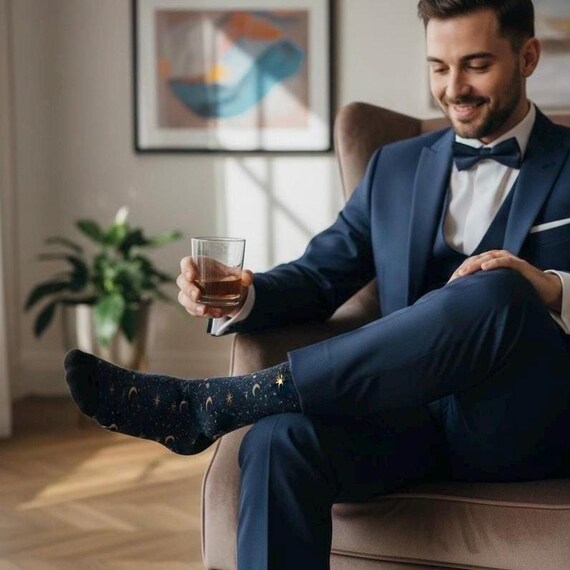 Men's Celestial Starry Night Dress Socks: Navy Blue Gold Stars & Moon Wedding Party Socks