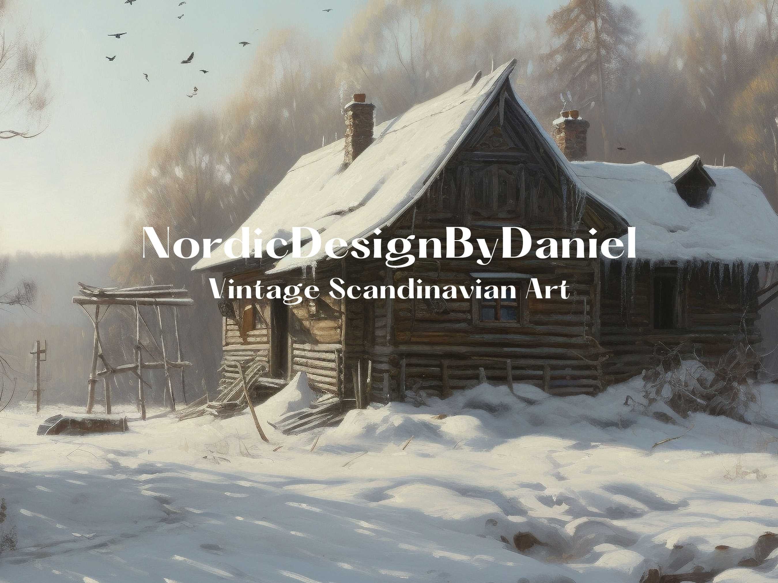 Image showcasing Nordic Rustic Winter Oil Painting Scandinavian Vintage Cottage Print ...