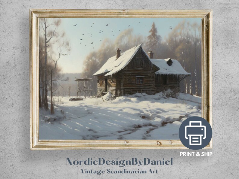 View of Nordic Rustic Winter Oil Painting Scandinavian Vintage Cottage Print ...