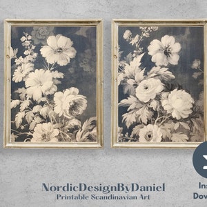 Scandinavian Antique Neutral Floral Print SET of Two | Nordic Vintage Muted Art | Digital PRINTABLE Wall Art Posters