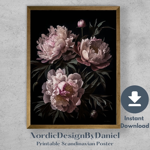 Scandinavian Vintage Pink and Black Peony Botanical Painting | Nordic Nursery Wall Art PRINTABLE | DIGITAL Downloadable | Wall Art Poster