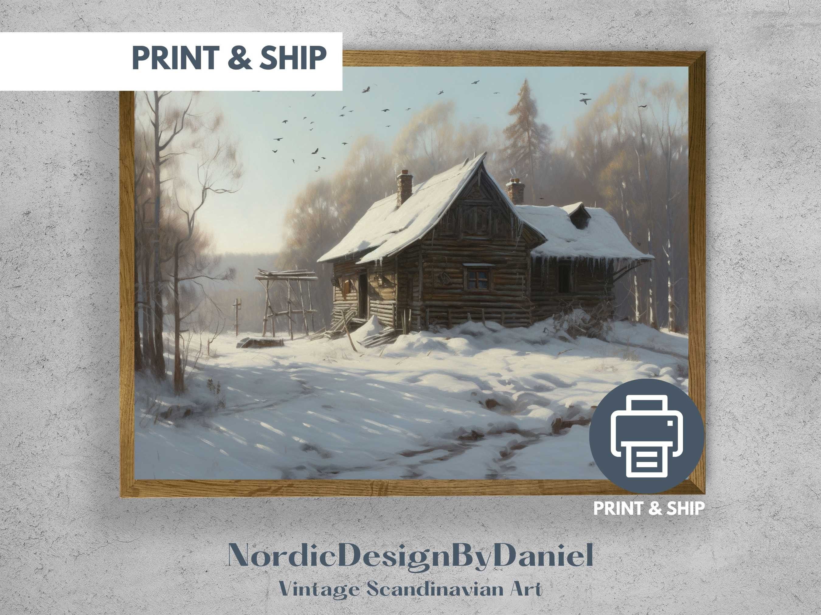 Nordic Rustic Winter Oil Painting Scandinavian Vintage Cottage Print ...