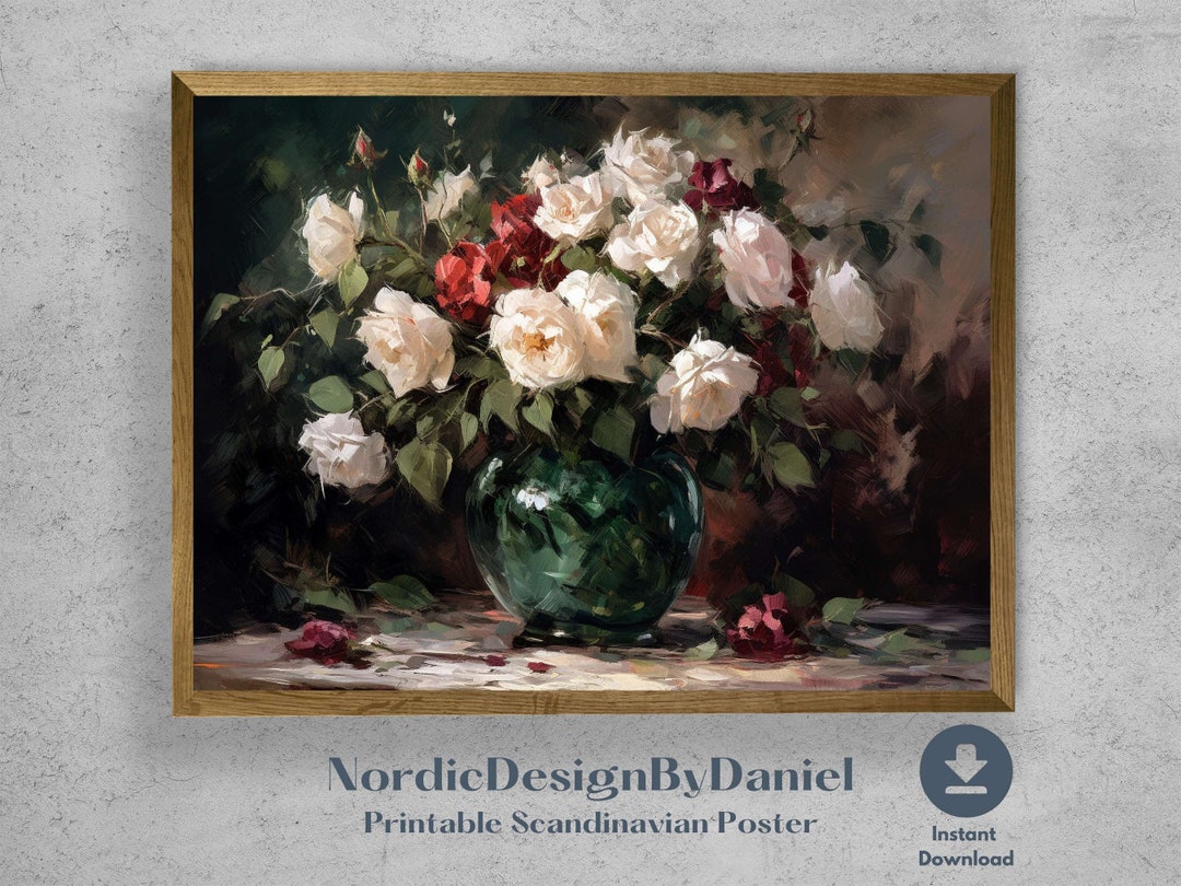 Vintage Rose Still Life Painting Digital Printable Wall Art Poster ...