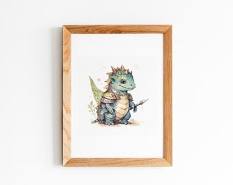 Cute dino knight, Nursery wall art, Kids room, Wall art, Digital download, Watercolor art, Babyshower gift, Newborn gift, Ready to print