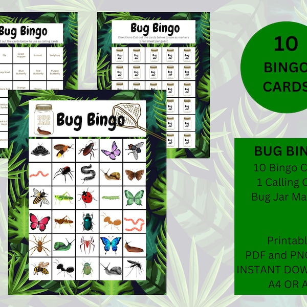 BUG INSECT BINGO...10 Printable Cards...Birthday Party Game...Boys, Unisex, Kindergarten, School