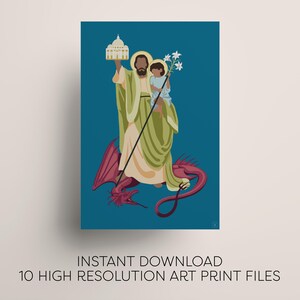 May include: An illustration on a teal background depicts a figure holding a building and a child holding flowers. The figures are dressed in robes and stand atop a red dragon. The text "INSTANT DOWNLOAD" and "10 HIGH RESOLUTION ART PRINT FILES" is at the bottom.