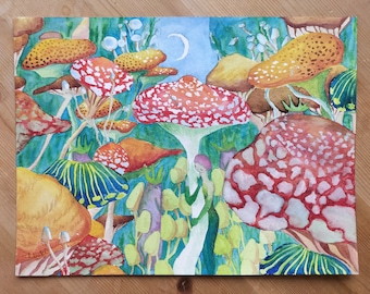 The dream of mushrooms/ original watercolor painting/ colorful and whimsical art