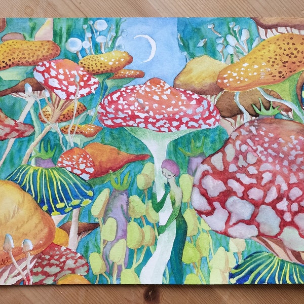 The dream of mushrooms/ original watercolor painting/  colorful and whimsical art