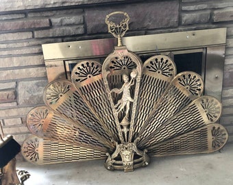 XL Antique Art deco solid brass folding Peacock fireplace screen, Victorian, metal screen