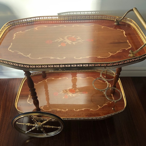 Mid-Century Italian Wood and Brass Bar Trolley / Serving Cart