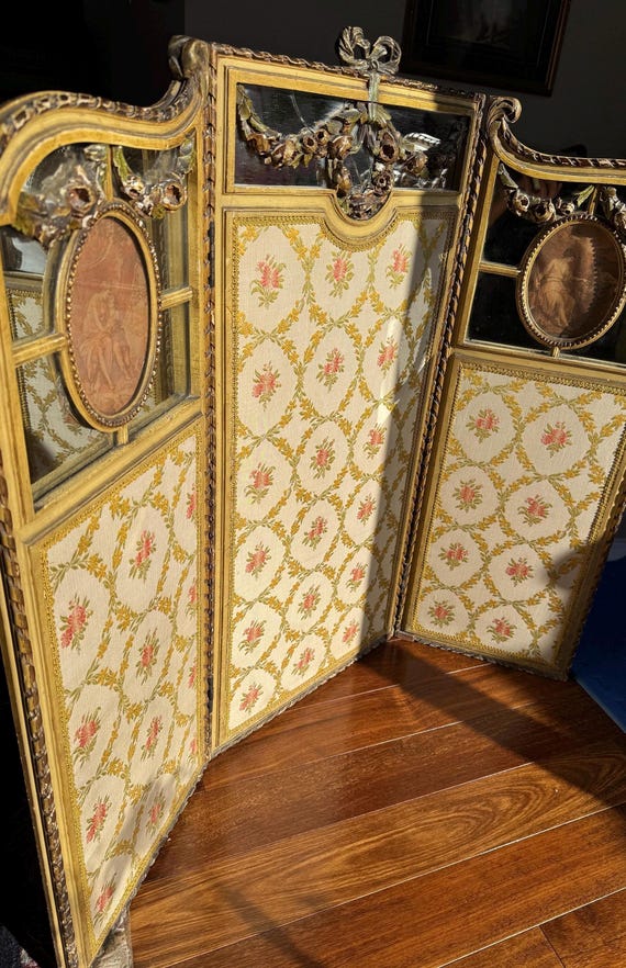 Victorian Tapestry Fireplace Screen: Carved Floral Wood, Folding 3