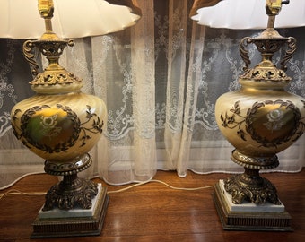 Pair of Antique Table Lamps,Carl Falkenstein Boudoir Lamp brass,Statement, Marble, Ornate, FiligreeRare, Stunning Hollywood Regency