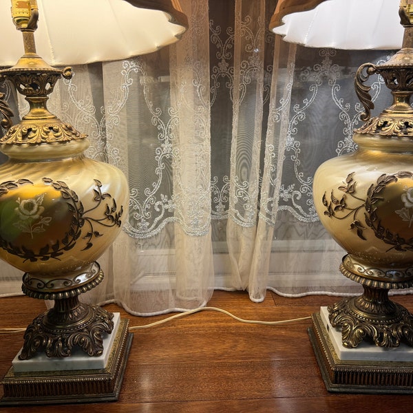 Pair of Antique Table Lamps,Carl Falkenstein Boudoir Lamp brass,Statement, Marble, Ornate, FiligreeRare, Stunning Hollywood Regency