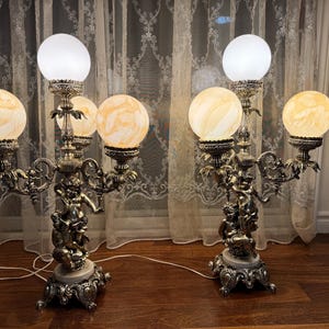 Italian Silver Cherub Table Lamps: Hollywood Regency Marble Accent