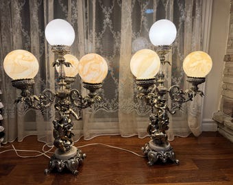 Pair of Antique Silver Table Lamp, Statement, Cherub, Marble, Ornate, Filigree, 2 Way Lighting, Stunning Hollywood Regency, Made in Italy