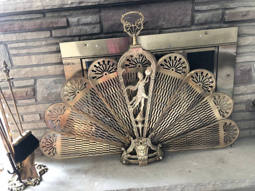 XL Antique Art Deco Solid Brass Folding Peacock Fireplace Screen ...