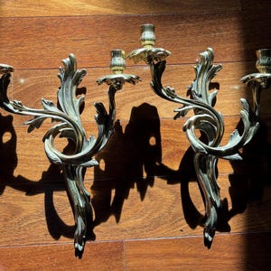 Solid gold brass antique wired wall sconces pair engraved Made in Italy Rococo