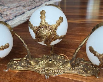 Art Nouveau Vintage Gilt Solid brass wall Sconce: Rococo French Style, Floral Garland Wired, Vanity light, Milk glass, Globe light