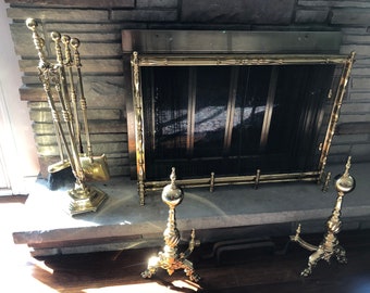 STUNNING GOLD 8 piece Hollywood regency incredible design golden heavy solid brass fireplace screen  and 5 pieces brass tools set 2 andiron