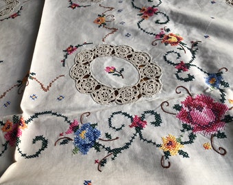 Brand new vintage cross stitch hand embroidered crocheted  Large round romantic Tablecloth cross stitched needle point 68 inches diameter