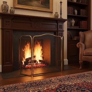 Hollywood Regency Brass Fireplace Screen - Black & Gold Folding Grill