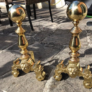 Lion head heavy solid brass set of 2 andirons image 1