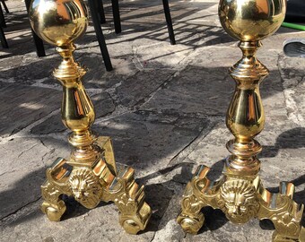 Lion head heavy solid brass set of 2 andirons