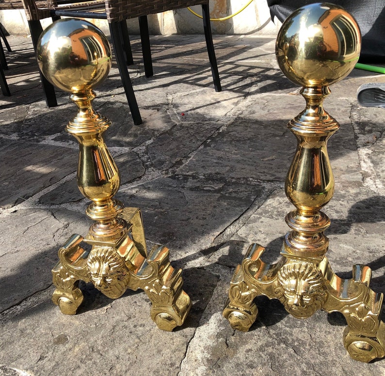 Lion head heavy solid brass set of 2 andirons image 1