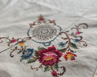 Antique Hand Embroidered Roses Tablecloth with Napkins (64x97 inches) – Vintage Cotton Tea Party Decor