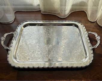 Primrose heavy very elegant Silverplate floral ornate large oval tray  vintage, footed, silver on copper