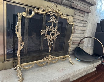 Antique Ornate Louis XVI Style French Provincial Brass Fireplace Screen Vintage Gold Metal  Birds Fireplace screen ornate floral